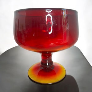 Vintage Blenko #629 Glass Tangerine Amberina  Footed Bowl /large pedestal compote/mcm glass