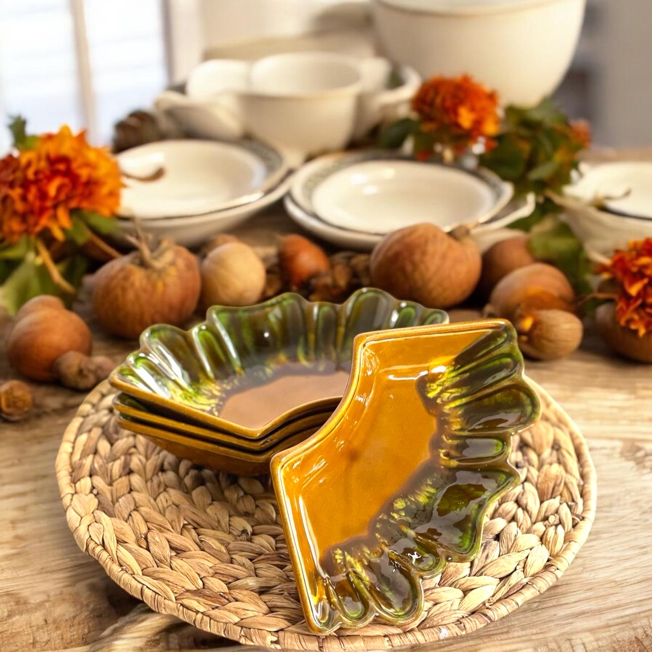 Vintage Drip Glaze Pottery Side Dishes, Set Of 4 Brown and Green Glazed Pottery Side Bowls, Nut Dishes, Serving Bowls,California pottery