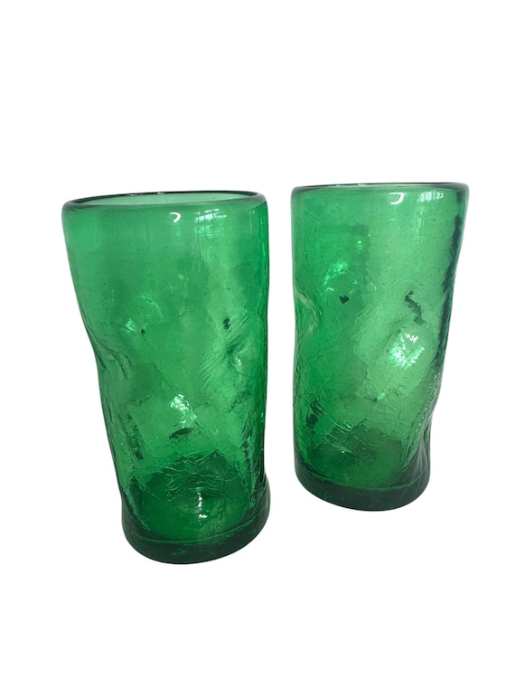 Vintage Green Crackle Dimple Pinched Tumblers, Pair, Rainbow Glass