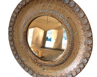 Artisan Pottery flower wall mirror/round accent mirror/15” rustic boho, brown turquoise