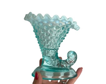 Fenton hobnail blue aqua blue opalescent horn of plenty vase/cornucopia vase/trumpet vase/grannycore/cottage core