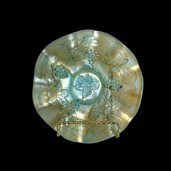 Fenton Aqua Opal Carnival Glass Vintage pattern Ruffled bowl/dish/Light Butterscotch overlay