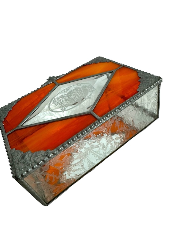 Tangerine orange stained  glass jewelry box/keepsa