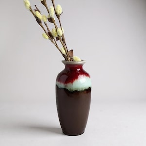 HOSLEY TM potteries Drip Glazed Bud Vase Red Brown white Vintage Art Pottery Glaze Mid Century Modern Ceramics/MCM pottery vase/6” bud vase