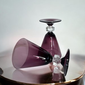 2 Bryce Brothers amethyst purple Clear ice block Stemmed Glasses/Goblets Wine glasses/retro cocktail glasses/mcm barware