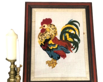 Vintage framed colorful crewel rooster/farmhouse decor,country decor, framed art,handmade