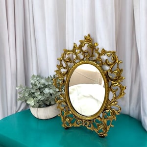 Antique Brass Mirror | Vintage French Rocco Victorian brass mirror | Golden Baroque Oval Table Mirror | Antique Vanity mirror/ ornate mirror