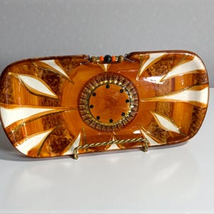 art pottery MCM abstract hand painted rectangular tray/gold brown floral sunburst  trinket decorative plate