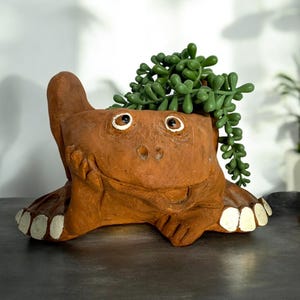 May include: A whimsical, brown ceramic planter shaped like a creature with a smiling face, large feet, and a small tail. The eyes are white with black pupils. Green, leafy succulent plants spill over the top of the planter.