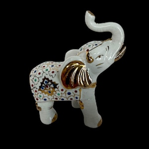 White Ceramic Trunk Up Decorative Elephant With Gold Accents Figure