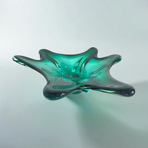 Teal green art glass decorative bowl / small centerpiece /statement piece/flower Freeform bowl/czech art glass /murano art glass/star shaped