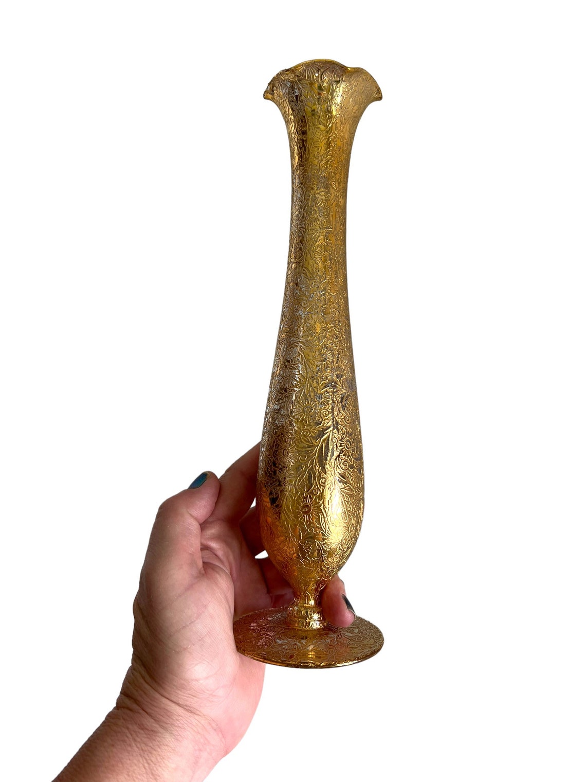 Vintage Hand Painted Glass Gold Vase/floral Design/ruffled Etsy