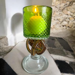 Unique green goblet candleholder with multicolor art glass ribbon ball stem/art glass
