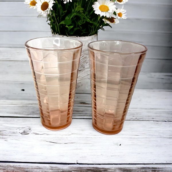 Vintage pair of pink anchor hocking block optic tumblers/pink water glasses/lemonade glasses/vintage glassware