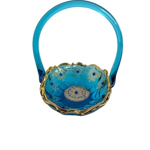 Peacock blue Venetian glass Basket, gold trim, Italian, Hand-Painted, jeweled detailed/bedroom decor/home decor/decorative bowl