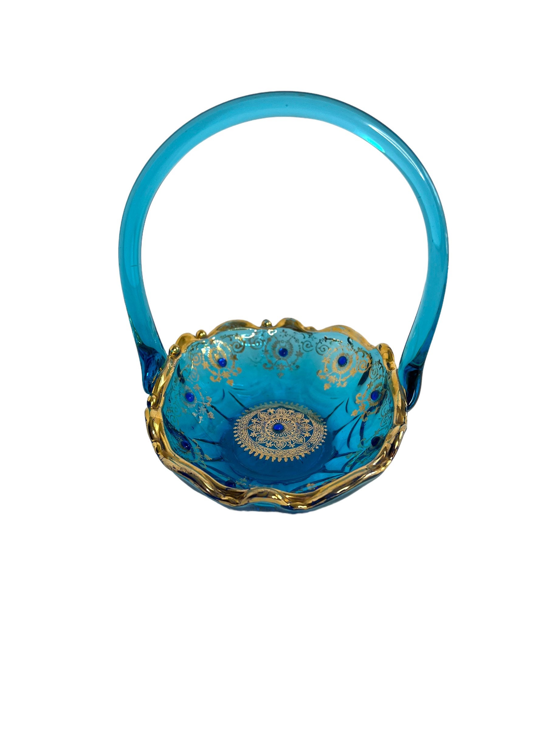 Peacock blue Venetian glass Basket, gold trim, Italian, Hand-Painted, jeweled detailed/bedroom decor/home decor/decorative bowl