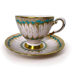 Vintage coalport Tea Cup & Saucer Fine English Bone China Rare Color Pink Gold Teal Mid-Century Tea Cup Vintage Pink Tea Cup Tea Party