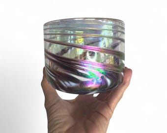 vintage Rosetree Studios Handblown Mottled swirl iridescent candy bowl art glass decorative bowl