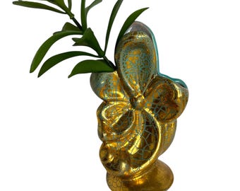 Gonder pottery Magnolia flower gold crackle turquoise vase E Series USA pottery Art deco mid century