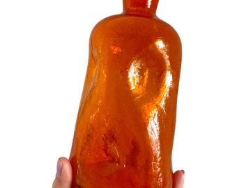 Tangerine Orange MCM crackle glass dimple bottle/vase/midcentury decor/mcm glass