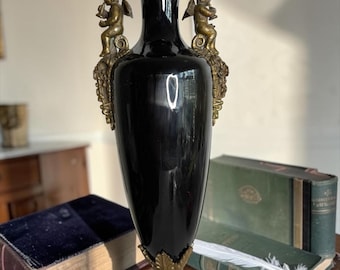 Neoclassical French Style Black Ebony Porcelain Cherub Vase Urn Mantle Vase trophy vase