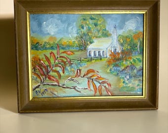 Obra de arte original al óleo sobre lienzo, escena campestre con iglesia, enmarcada en madera natural.