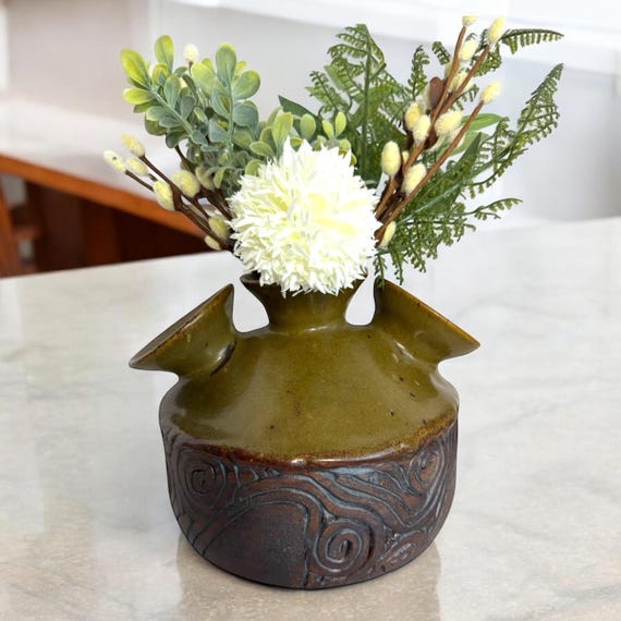 Vintage unique studio art pottery vase with 3 openings  /organic decor/rustic primitive/ green pottery vase