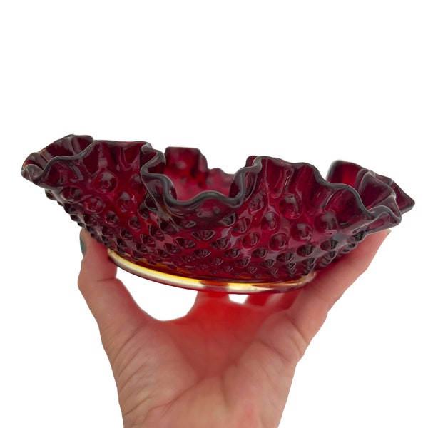 Vintage Fenton Red Amberina ruffled hobnail bowl/candy bowl/collectible glass/glows