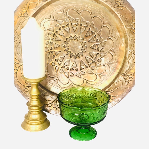 Vintage EO Brody green depression glass compote/candy/footed pedestal bowl Cleveland swirl leaf design/st Patrick’s day/easter decor