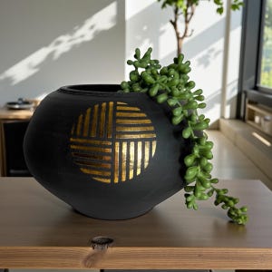 May include: A matte black rounded ceramic planter featuring a gold circular emblem with horizontal and vertical line patterns. A trailing green succulent plant with small, bead-like leaves spills over the side of the vessel, creating a contrast.