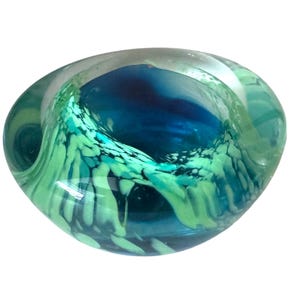 Abstract art glass  paperweight , DNA paperweight, confetti swirl paperweight sculpture, signed and dated , blue and green paperweight
