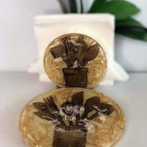Vintage 70s Lucite and wooden spoon napkin holder and trivet set /rustic/boho kitchen storage decor /home accent