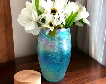 Large Tom Stoenner Turquoise Luster vase/large cylinder vase/ Handblown glass vase/iridescent vase/coastal moder art glass vase