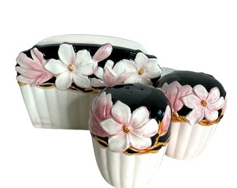 Vintage Otagiri hand painted magnolia napkin holder and salt and pepper shakers/Mary Ann Baker design