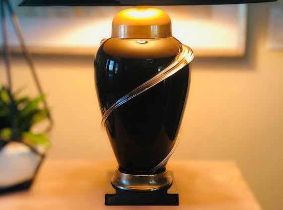 Art Deco 80s vintage lamp/ Frederick Cooper lamp/ Karl Springer inspired/ modernist/minimalist/black glass and brass/ two tone double swoop
