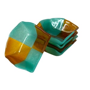 Set of 5 golden brown/amber and teal art glass small bowls