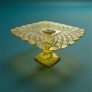 May include: A yellow glass cake stand with a diamond-shaped top and a pedestal base. The top has a textured, woven pattern with a central, oval-shaped detail. The stand is made of transparent glass and is set against a teal background.