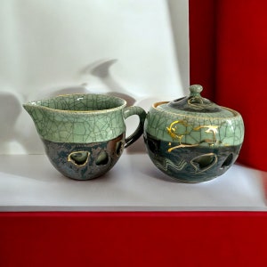 Obori Somayaki Soma Ware Golden Horse cream and sugar set /crackle glaze/coffee accessories/dining and serving