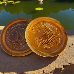 May include: Two ceramic plates with a fish design. The plates are brown and have a raised relief of a fish with bubbles. The plates are round and have a slightly raised edge. The plates are sitting on a stone surface.
