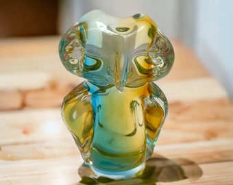 Glass owl paperweight /Aqua and Gold Owl Paperweight  Figurine - Collectible - Home Decor - Gift Canadian Chalet glass