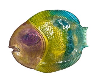 Vintage Turkish Glass Multicolor hand painted decorative fish plate/platter/signed/nautical decor/coastal decor
