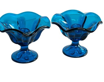 Vintage blue Viking glass candle holders/bluenique Epic line 6 petal candleholders /floral candle holders/art glass/table scape