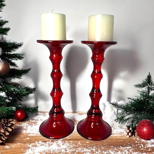 Pair of tall red glass pillar candleholders/vintage candleholders/red taper candleholders/Christmas decor/mantle decor