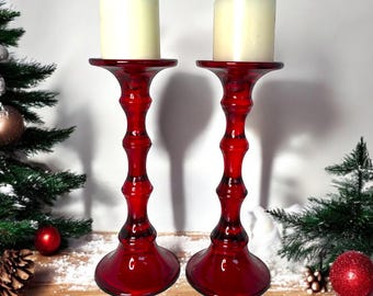 Pair of tall red glass pillar candleholders/vintage candleholders/red taper candleholders/Christmas decor/mantle decor