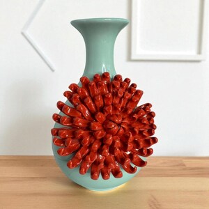 ANTHROPOLOGIE Ceramic Aqua Blue Red Bloom Chrysanthemum 3D 9