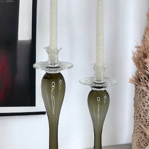 Vintage Tall hand blown Glass Smokey Gray and clear Candle graduated candleholders/ Vintage Glass Candle Holders/modernist
