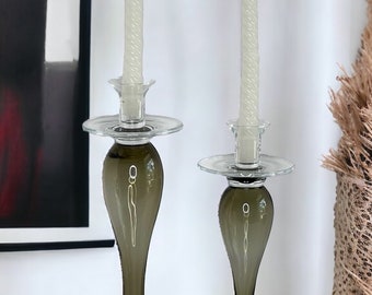 Vintage Tall hand blown Glass Smokey Gray and clear Candle graduated candleholders/ Vintage Glass Candle Holders/modernist