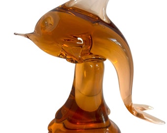 Art glass fish sculpture/blown glass fish/peachy amber/home decor