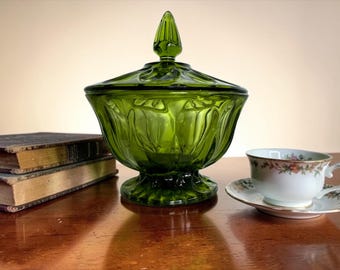 Vintage Avocado Green lidded candy dish candy bowl