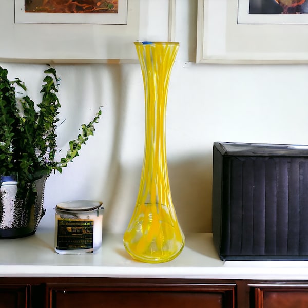 Vintage tall  yellow and clear blown glass vase /glass beaker vase